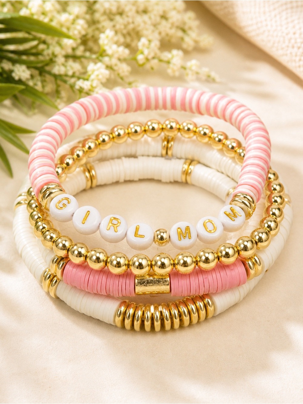 14K Gold Plated Custom “Girl Mom” Bracelet Stack - Set of 4